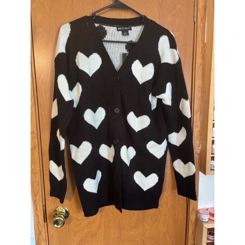 What's Next Black White Heart Intarsia V-Neck Cardigan Sweater Small NWT